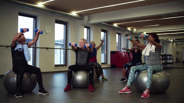 A group of cheerful seniors in gym doing exercise with dumbbells on fit balls. Slow motion.