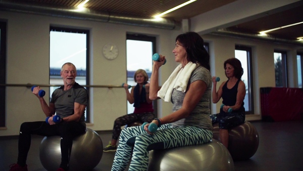 A group of cheerful seniors in gym doing exercise with dumbbells on fit balls. Slow motion.