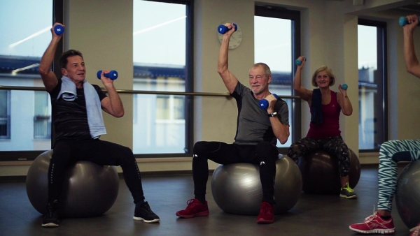 A group of cheerful seniors in gym doing exercise with dumbbells on fit balls. Slow motion.