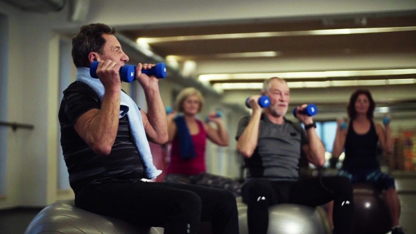 A group of cheerful seniors in gym doing exercise with dumbbells on fit balls. Slow motion.