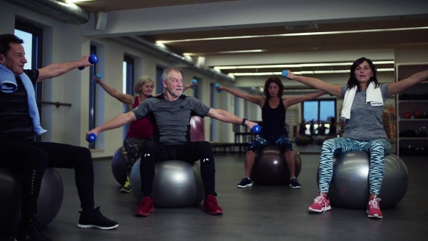 A group of cheerful seniors in gym doing exercise with dumbbells on fit balls. Slow motion.