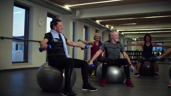 A group of cheerful seniors in gym doing exercise with dumbbells on fit balls. Slow motion.