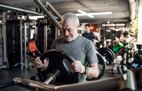 A senior man doing strength workout exercise in gym. A copy space.