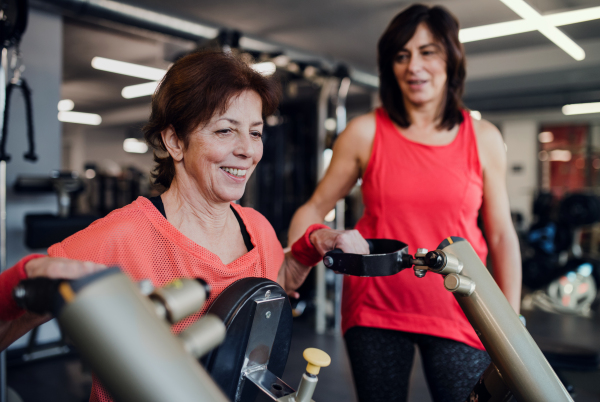 Two cheerful seniors women friends in gym doing strength workout exercise.