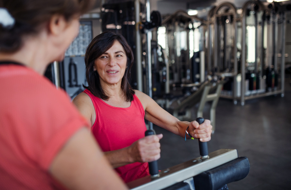 Two cheerful senior women friends in gym doing strength workout exercise.