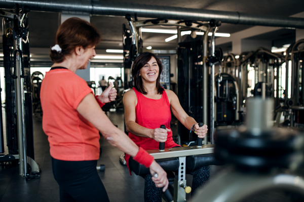 Two cheerful senior women friends in gym doing strength workout exercise.