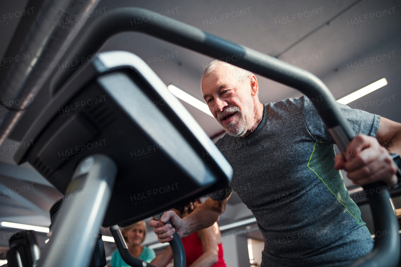 A senior man doing strength workout exercise in gym. A copy space.