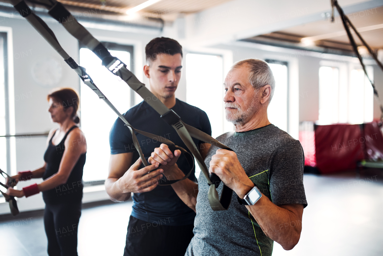 A group of cheerful seniors in gym with a young personal trainer doing exercise with TRX.