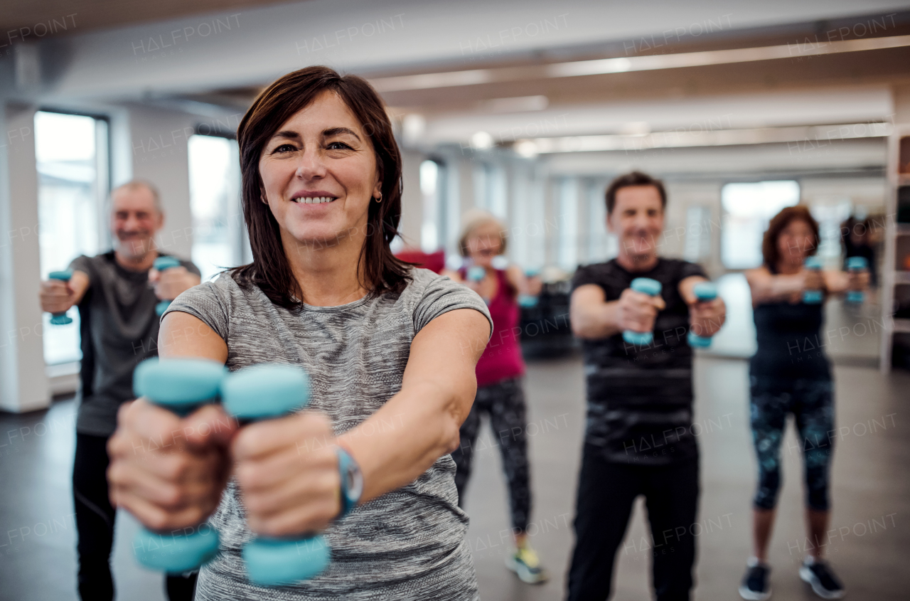 A group of cheerful seniors standing in gym doing exercise with dumbbells.