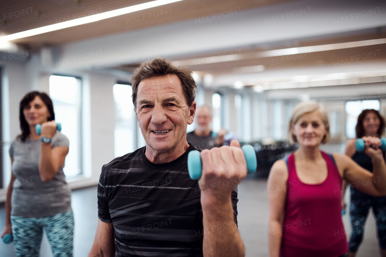 A group of cheerful seniors standing in gym doing exercise with dumbbells.