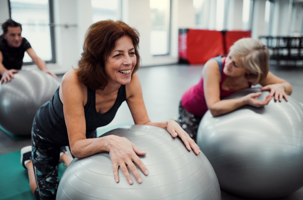 A group of cheerful female seniors in gym doing exercise on fit balls.