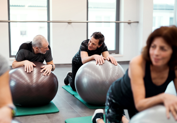 A group of cheerful female seniors in gym doing exercise on fit balls.