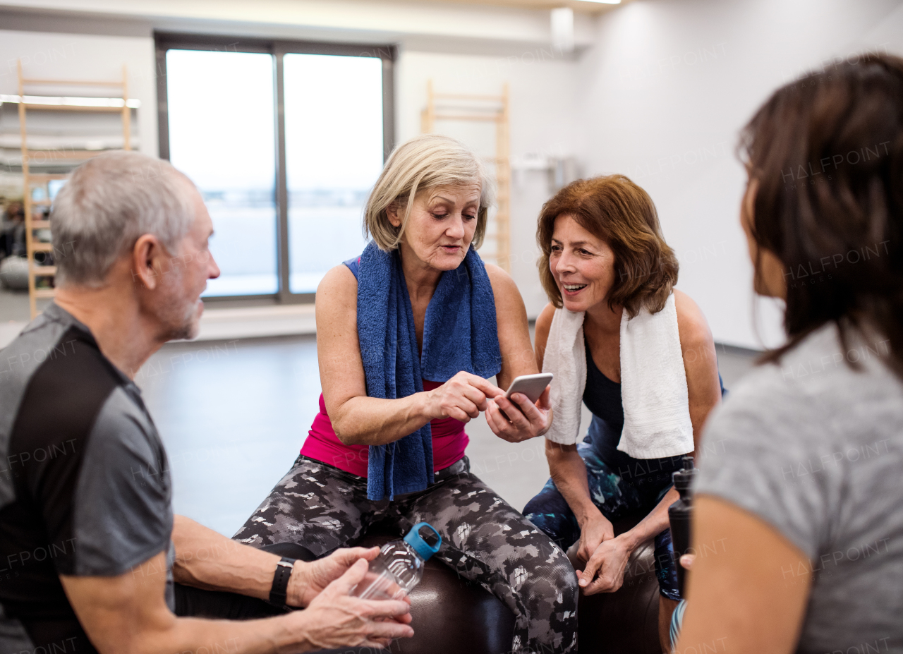 A group of seniors with smartphone in gym resting after doing exercise on fit balls.