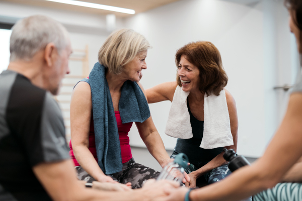 A group of cheerful seniors in gym resting after doing exercise on fit balls, talking.