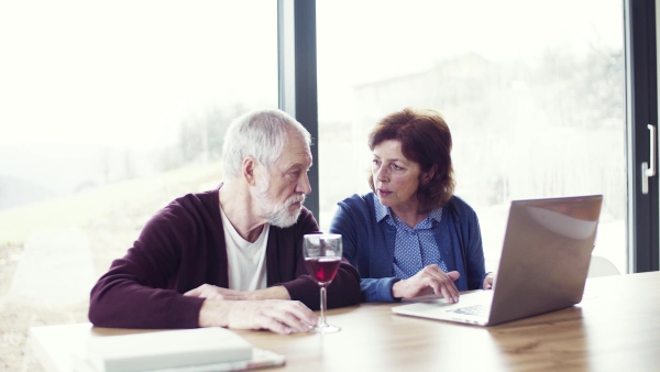 A portrait of happy senior couple with wine indoors at home, using laptop.