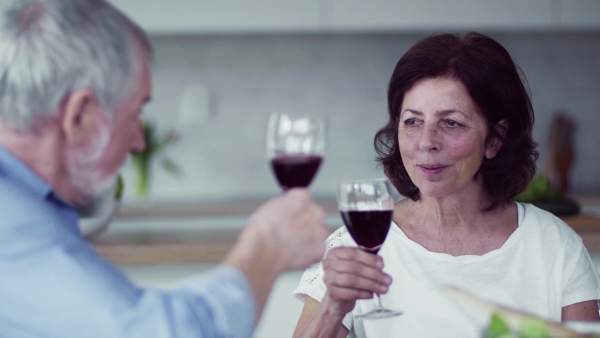 A portrait of happy senior couple indoors at home, clinking glasses.