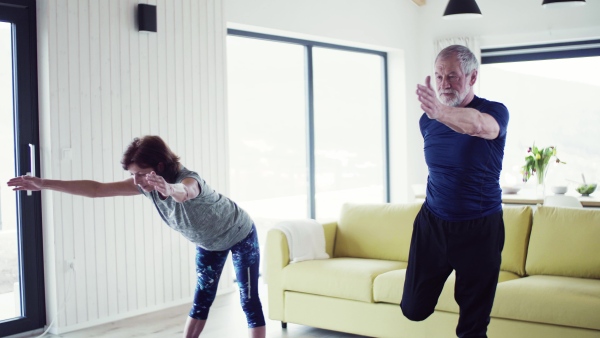 A happy senior couple indoors at home, doing exercise indoors.