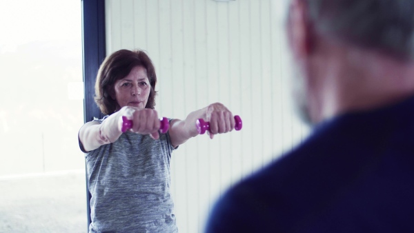 A happy senior couple indoors at home, doing exercise indoors.