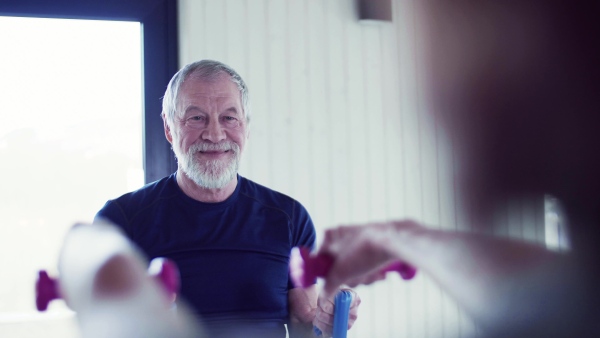 A happy senior couple indoors at home, doing exercise indoors.