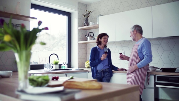 A portrait of happy senior couple in love indoors at home, holding wine. Slow motion.