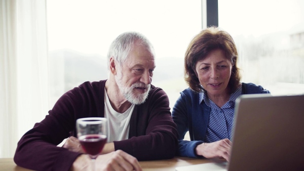 A portrait of happy senior couple with wine indoors at home, using laptop. Slow motion.