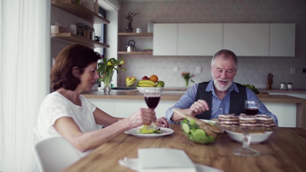 A portrait of happy senior couple indoors at home, clinking glasses. Slow motion.