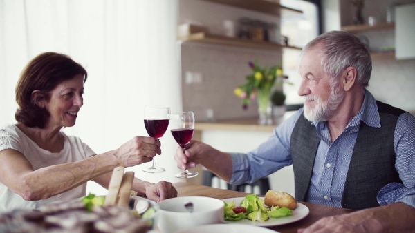 A portrait of happy senior couple indoors at home, clinking glasses. Slow motion.