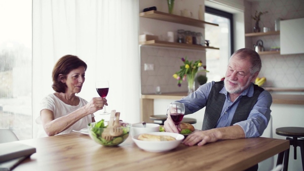 A portrait of happy senior couple indoors at home, clinking glasses. Slow motion.