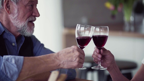 A portrait of happy senior couple indoors at home, clinking glasses. Slow motion.