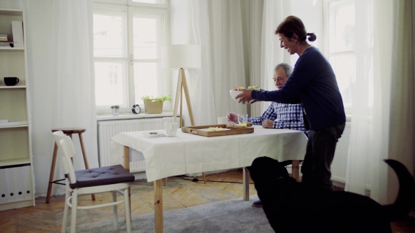 A happy senior couple with a pet dog having breakfast at the table at home.