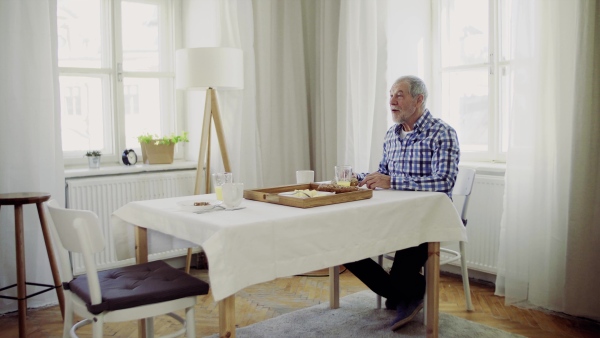 A happy senior couple with a pet dog having breakfast at the table at home.