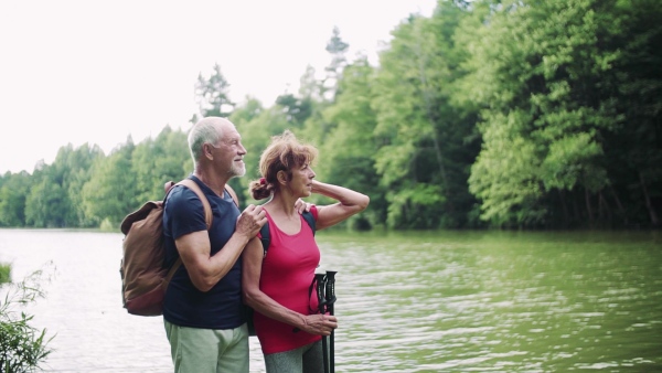 A senior tourist couple on a walk in nature, standing by lake. Slow motion.