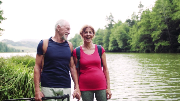 A senior tourist couple on a walk in nature, standing by lake.