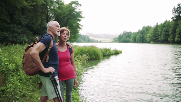 A senior tourist couple on a walk in nature, standing by lake. Slow motion.