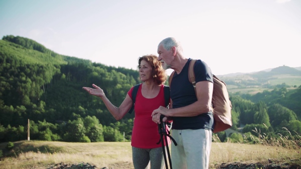 Senior tourist couple travellers with backpacks hiking in nature, resting and talking. Slow motion.