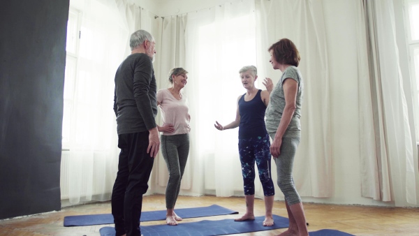 Group of active senior people talking after doing exercise in community center club.