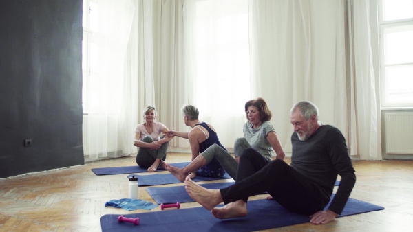 Group of active senior people doing exercise in community center club.