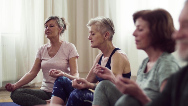 Group of active senior people doing yoga exercise in community center club.