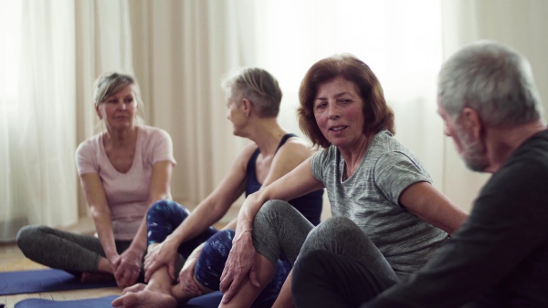 Group of active senior people doing exercise in community center club, talking.