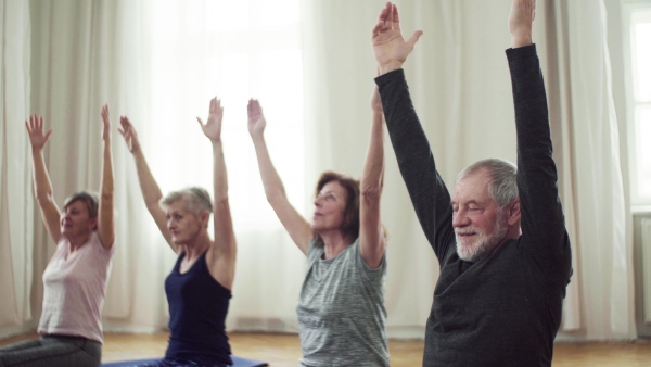 Group of active senior people doing exercise in community center club.