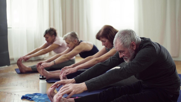 Group of active senior people doing exercise in community center club.