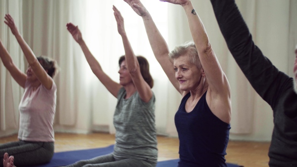 Group of active senior people doing exercise in community center club.