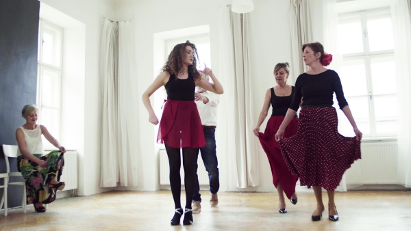 A group of senior people attending dancing class with dance teacher.