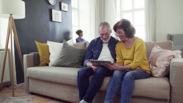 Senior couple using tablet in community center club, technology in everyday life concept.