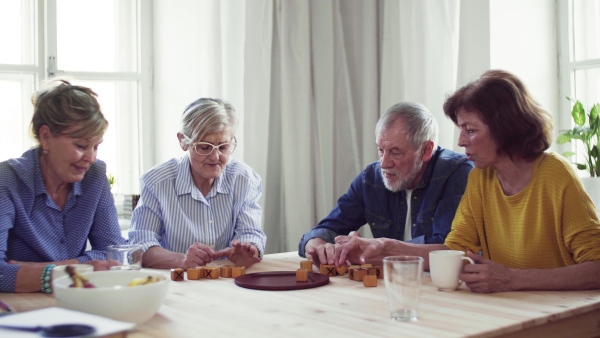 Group of senior people sitting at the table in community center club, playing board games.