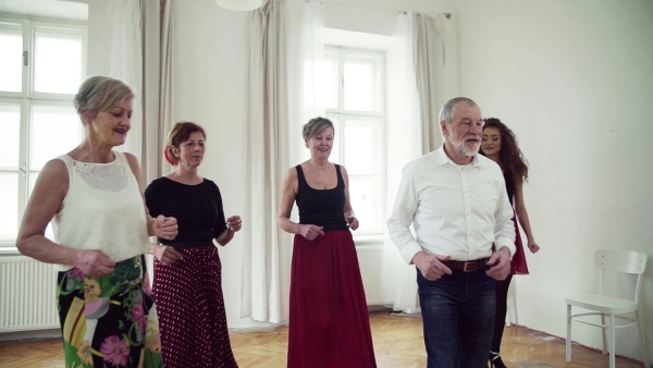 A group of senior people attending dancing class with dance teacher. Slow motion.