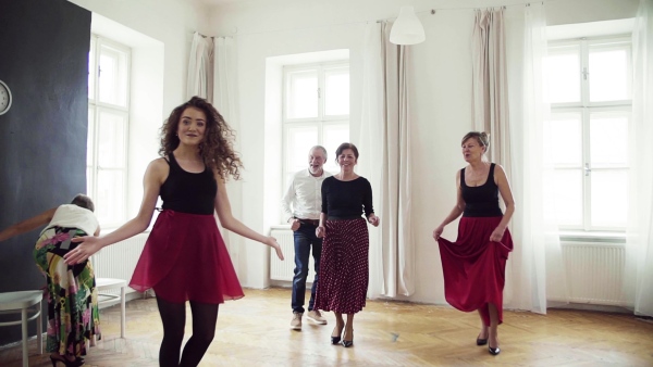 A group of senior people attending dancing class with dance teacher. Slow motion.