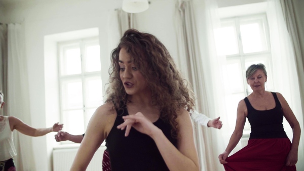 A group of senior people attending dancing class with dance teacher. Slow motion.