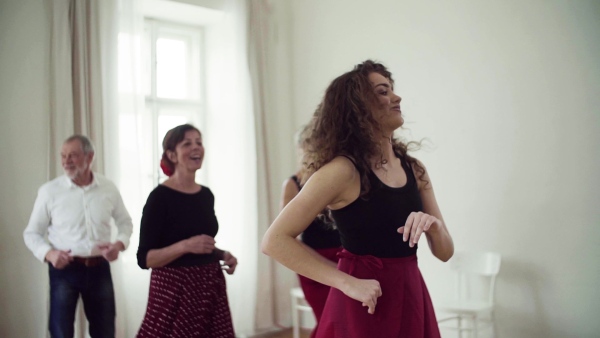 A group of senior people attending dancing class with dance teacher. Slow motion.