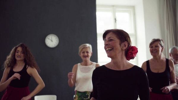 A group of senior people attending dancing class with dance teacher. Slow motion.